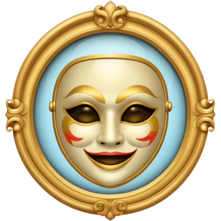 magic mirror on the wall of snow white. This is a round mirror with golden borders with a white theater mask inside  emoji