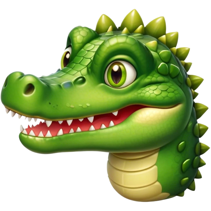 Cinematic Realistic Cute Crocodile Portrait Emoji, Head tilted playfully and inquisitively, featuring a robust, well-defined build with intricately detailed, glossy olive-green scales and a surprisingly endearing face with round, sparkling eyes full of unexpected charm, rendered with lifelike texture and natural highlights, high shine, affectionate and spirited, styled with a touch of wild whimsy, soft glowing outline, capturing the essence of a mischievous yet lovable crocodile that seems poised to snap playfully out of the screen into your arms! emoji
