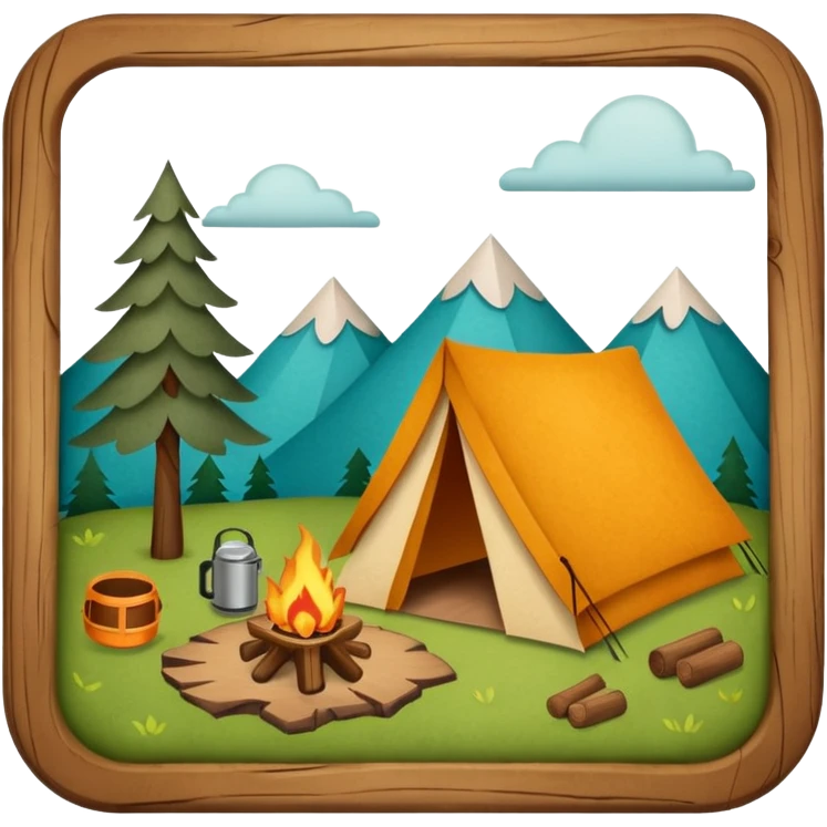 Wooden Camping sign made of felt texture, scrapbooking style, transparent background emoji