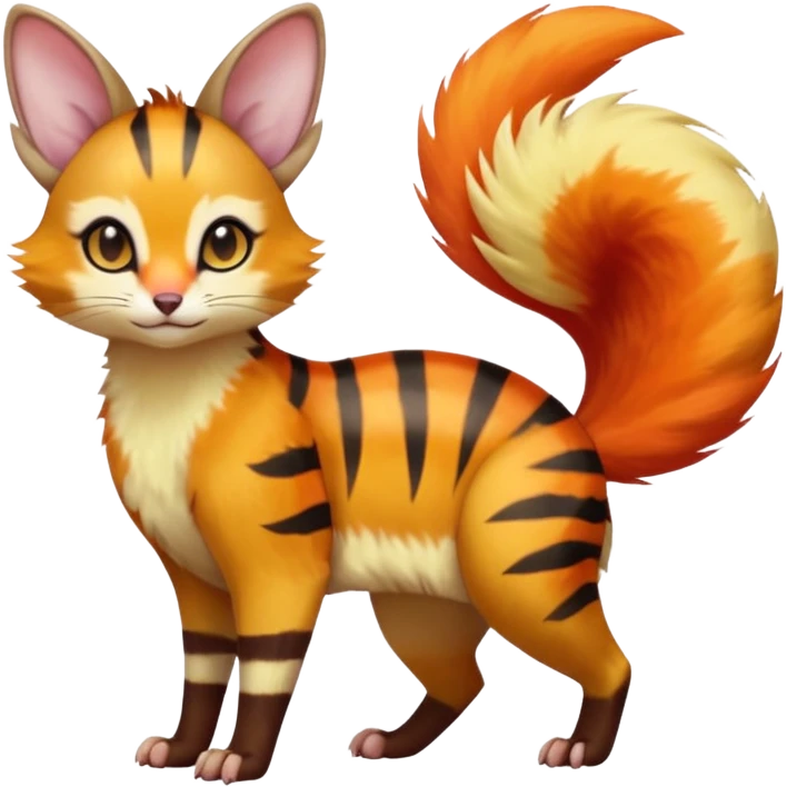 Neon-orange-yellow-red-brown-gradients divine beautiful elegant pretty precious cute young youthful  Fakémon-Pokémon-alien-opossum-feline-serval-caracal-chinchilla-Minccino-hybrid-creature with a big fluffy bushy striped tail (full body) emoji