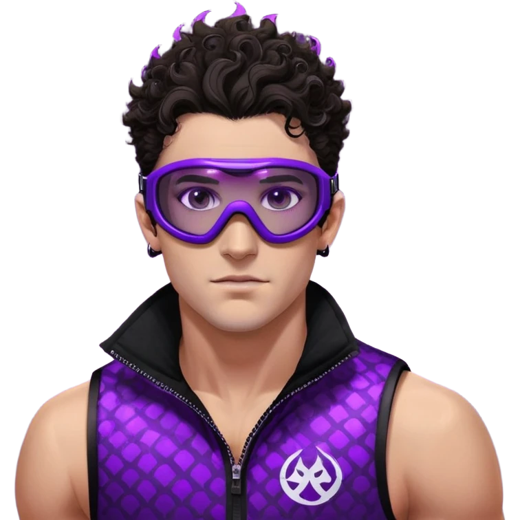 close-up of bad guy male athlete with white skin and moderately curly dark brown hair on top with shaved sides, wearing ski goggles with purple frames and very dark black lenses, a simple plain black chain necklace, and a completely unzipped sleeveless vest with purple and black sequin fire pattern design with no logo, with an extremely arrogant sneer on his face, looking menacing and villainous, exuding overconfidence and a threatening aura emoji