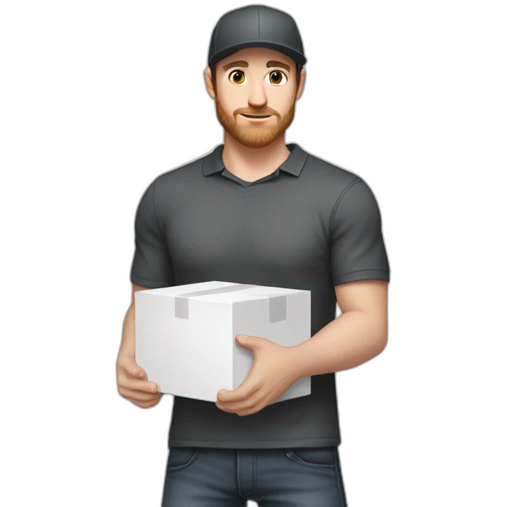 Pale skinned fit Man with dark brown hair in a black cap, gray jeans and dark gray polo T-shirt keeping a pasted with tape white box into his hands emoji