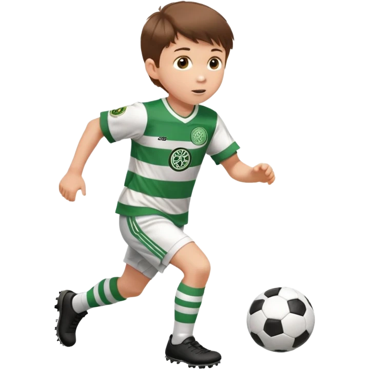 Celtic footballer jersey logo  6 years old brown hair white boy , brown eyes , stripes uniform , RUNNING  with soccer ball is number  17 celtic football logo  ONE CELTIC LOGO ONLY white shorts emoji