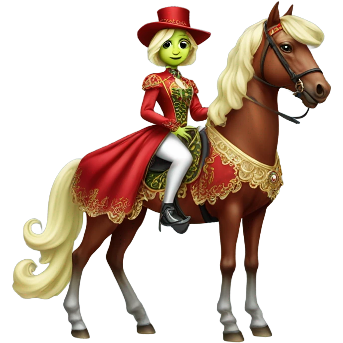 "galora green blonde alien woman" in red Victorian elegant dress, full body, rides "horse gold and white"
 emoji