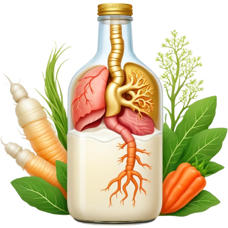Probiotic foods (yogurt, kefir, kombucha bottle, miso, kimchi, sauerkraut) surrounding a glowing intestinal system. Tiny beneficial bacteria represented as golden particles flow between the foods and the intestine, creating a garden-like ecosystem of inner harmony and health. emoji