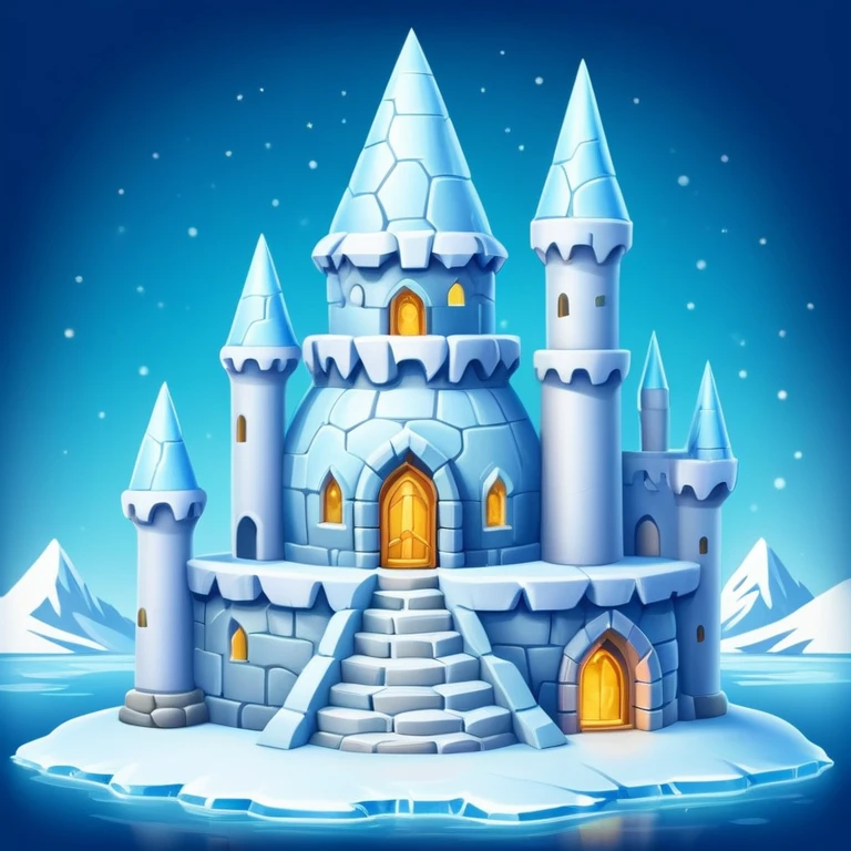 Ice castle wizard tower home for a penguin, magical igloo with spell books and potions emoji