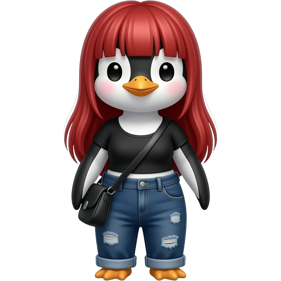 make a cute baby penguin with long straight red hair wearing dark washed baggy jeans with no rips and a black fitted top and a black shoulder bag emoji