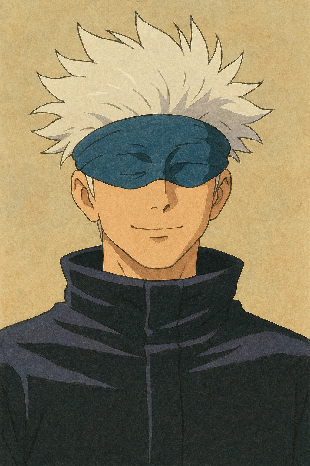 Satoru Gojo from Jujutsu Kaisen, spiky white hair, blue blindfold, gentle confident expression, soft painterly look, Ghibli style emoji