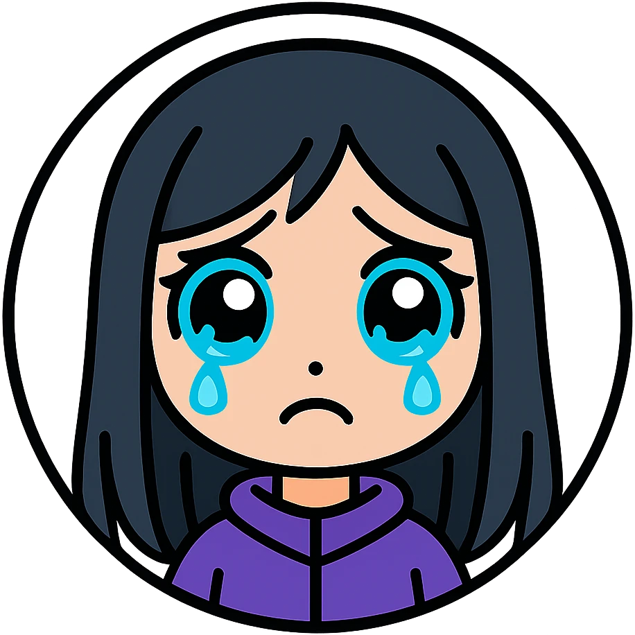 chibi cyberpunk girl with long straight black hair, large glowing neon-blue anime eyes, light peach skin, round face, small nose, soft cheeks, thin black line art, sad expression with teary wide open eyes, eyebrows arched upward, downturned frown, shimmer in eyes, inside a thin black circle, pure white background emoji