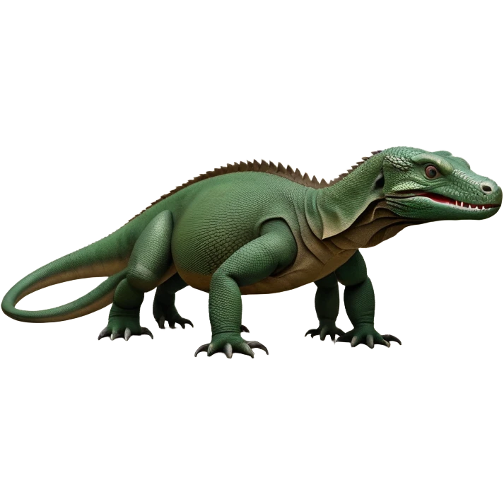 cinematic-komodo-dragon-realistic-full-body-standing on all fours-emoji,-massive-scaled-body-poised-with-quiet-power,-rough-textured-skin-dark-green-and-dark brown, black,-head-tilted-dramatically,-long-forked-tongue-flicking-out,-simplified-yet-realistic-focused-features,-highly-detailed,-glowing-with-an-almost-sarcastic-glow

 emoji