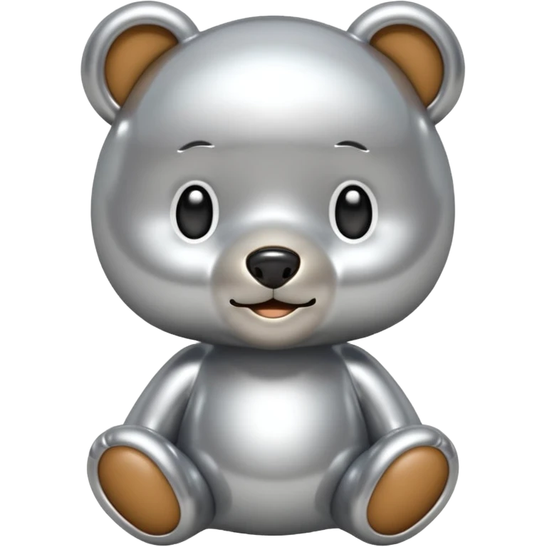 A cute teddy bear emoji made of liquid silver chrome, smooth rounded body, glossy metallic surface, soft reflections, friendly proportions, iOS emoji style, centered, clean white background emoji