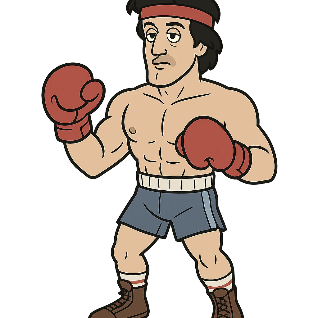 Cartoon version of Sylvester Stallone as Rocky, with boxing gloves, headband, athletic build emoji
