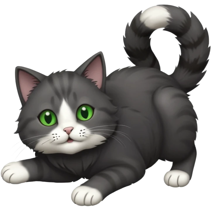solid dark grey cat with green eyes, white toes/paws playfully rolling upside down emoji