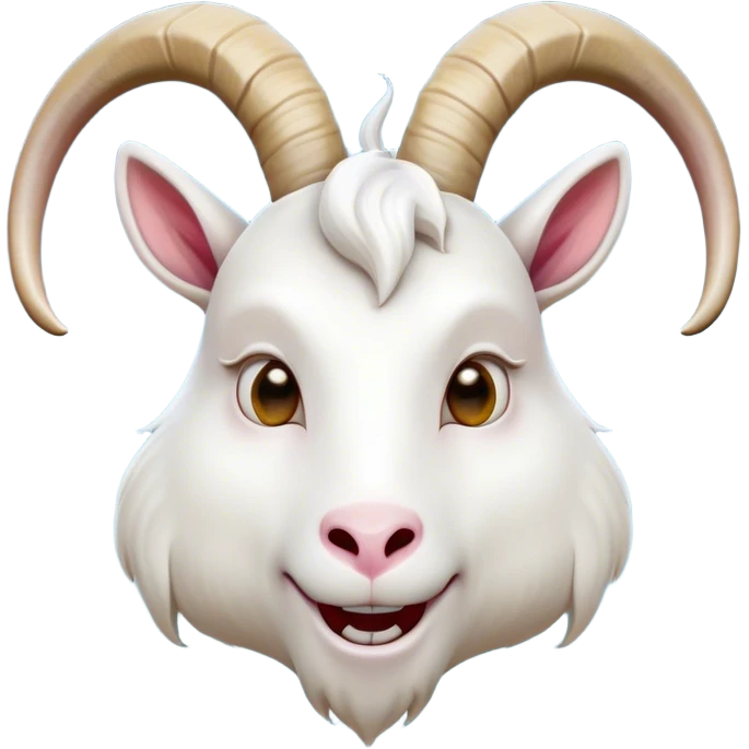 Cinematic Comical White Goat Portrait Emoji, Head tilted dramatically with an exaggeratedly amused expression, featuring a sleek white fur with a prominently quirky set of curved horns, wide, expressive eyes filled with playful disbelief, Simplified yet hilariously expressive features, highly detailed, glowing with a slightly sassy glow, high shine, dramatic yet playful, stylized with an air of cheeky mischief, bright and endearing, soft glowing outline, capturing the essence of a spirited and over-the-top goat, so meme-worthy it feels like it could side-eye its way into internet fame instantly! emoji