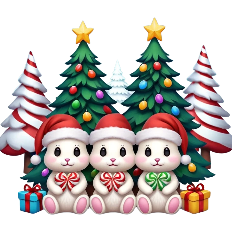 Christmas Bunnies with Santa hats sitting by brightly lit glowing colorful Christmas trees and candy canes 🎁  emoji