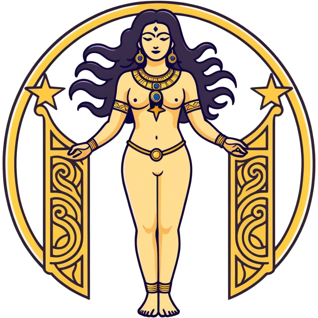 fullbody back view of Anunnaki goddess Inanna with long wavy black hair, ancient Mesopotamian star and gate symbols, naked back, and golden jewelry on wrists and ankles emoji