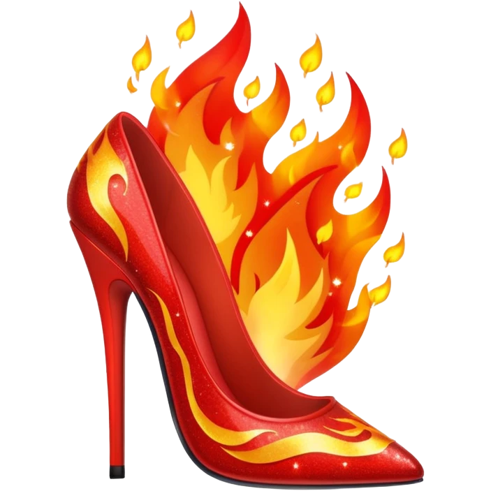 fire red stiletto with pointed toe, surrounded by big flames and sparkles emoji