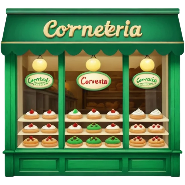The image shows the front window of a bakery named "Cornetteria". The window is framed by a green wooden frame and has a sign above it that reads "CORNETTERIA".  emoji