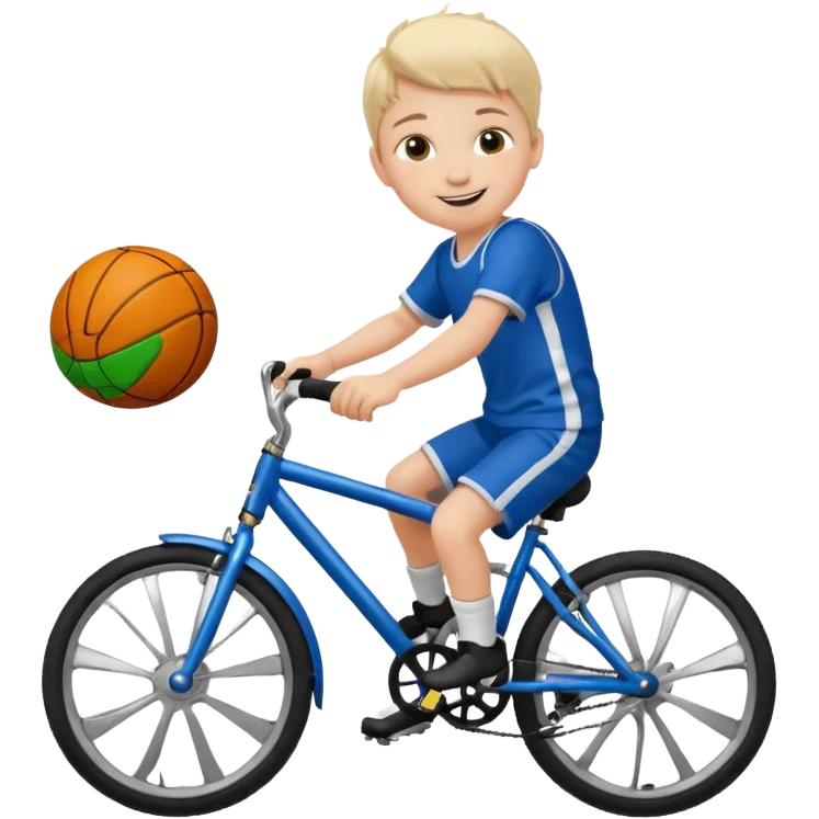 A child on a bicycle, with a soccer ball and a basketball nearby emoji