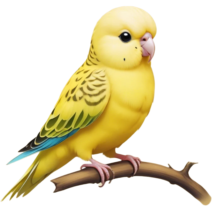 Cinematic Noble Yellow Budgie Portrait Emoji, Poised and regal, with a petite, delicate build and a smooth, well-groomed fur of brilliant yellow feathers, deep-set soulful dark eyes, Simplified yet sharp and sophisticated features, highly detailed, glowing with a soft, dignified glow, high shine, intelligent and charming, stylized with an air of elegance, focused and attentive, soft glowing outline, capturing the essence of a watchful and confident avian companion, so majestic it feels as though it could flutter out of the screen with effortless authority! emoji