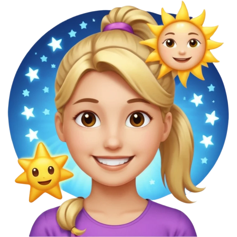An Emoji of girl with ponytail, who can be described by three words: sun, moo, star emoji