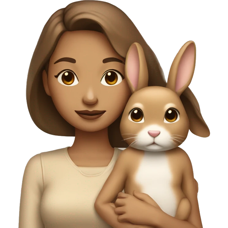 Good looking lady with closed eyes is holding brown/beige bunny, calm  emoji
