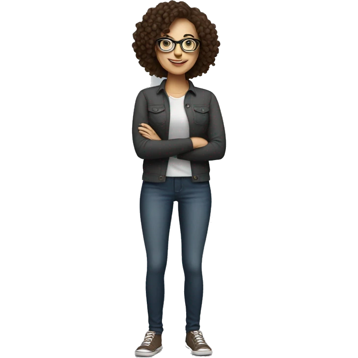A white woman with glasses and little dark brown curly hairs full body representing something happily full body emoji
