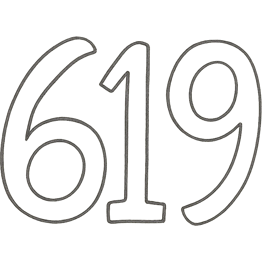 Replace the letter 'A' with the number '619' in the same bold, purple, hand-drawn style on a black background. emoji