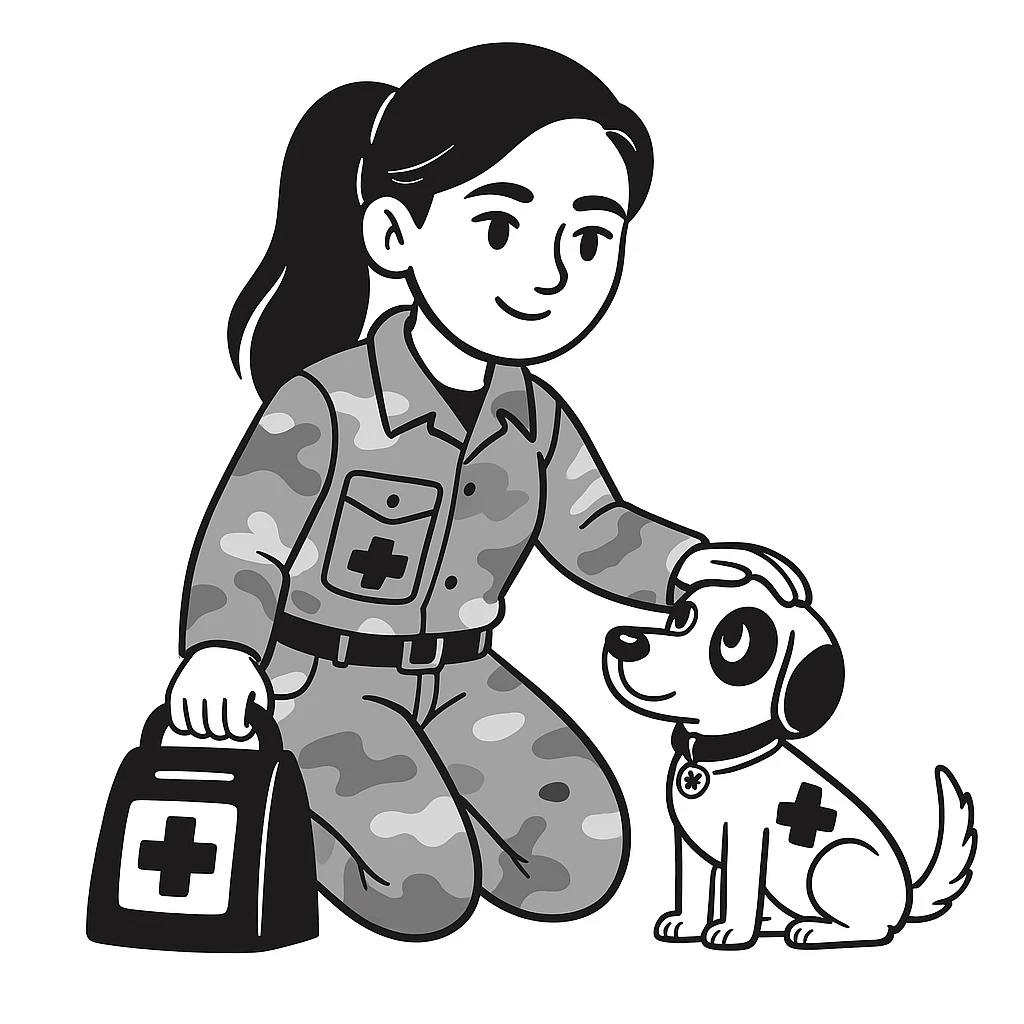military girl, a medic with a small dog, doodle style, make the character look like her emoji