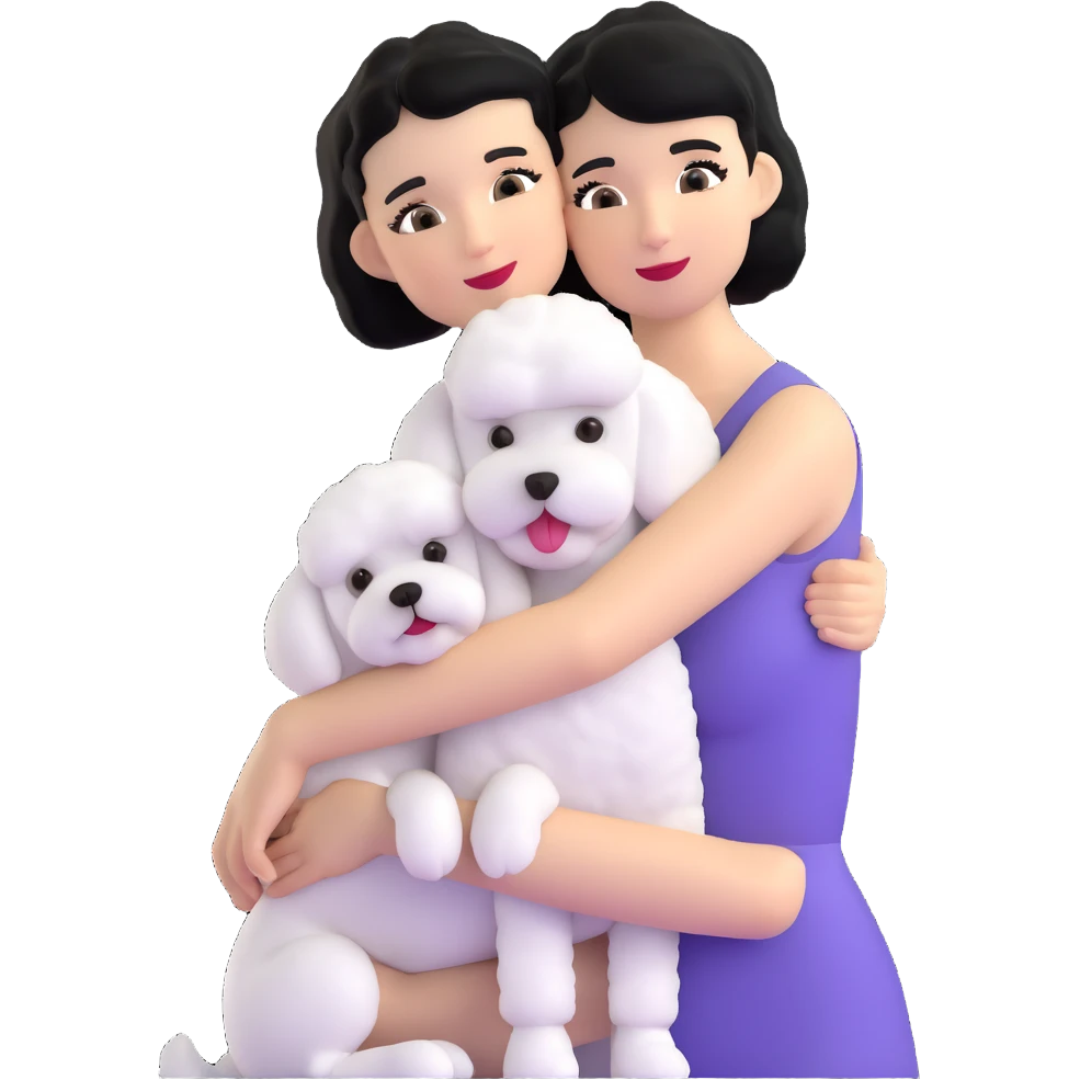 woman with short black hair hugging a brown poodle and a white bichon frise emoji