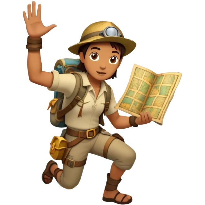 An icon featuring an adventurer in a dynamic action pose, with treasure maps, ancient ruins, and jungle landscapes in the background. The design includes clues, hidden passages, and climbing gear, symbolizing the thrill of exploration and discovery. Transparent background. emoji