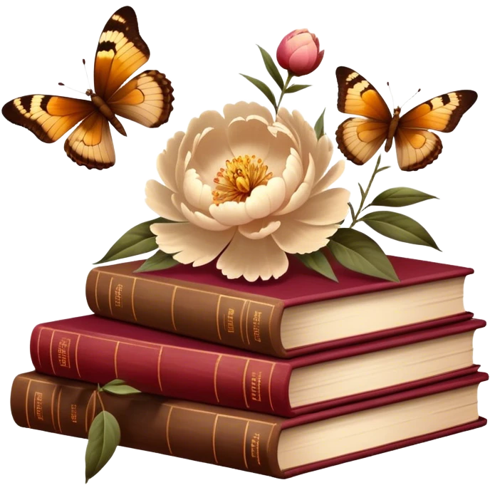 Peonies in muted beige and amber tones stand among rustic brown-red books. Gentle brown butterflies dance in the soft, vintage light. emoji