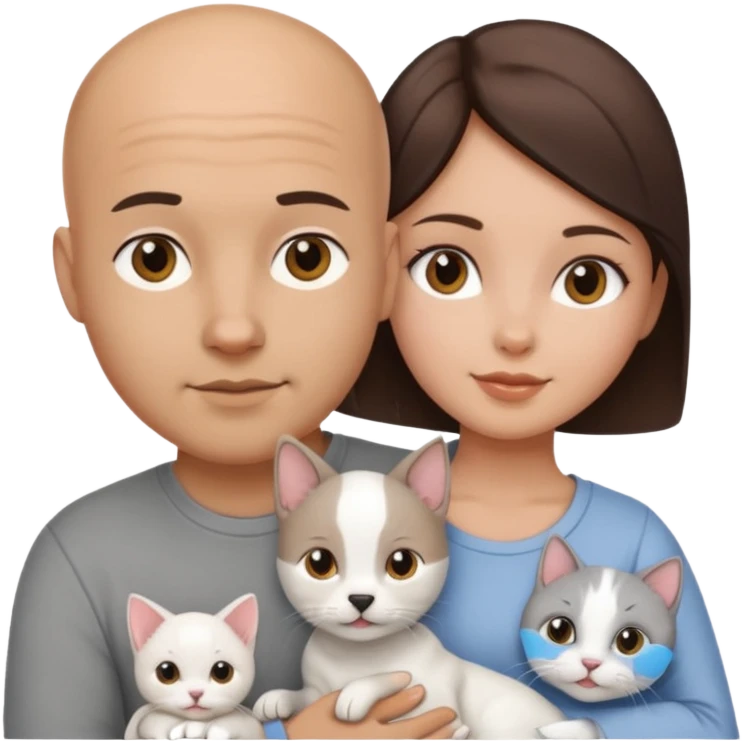 Bald guy with brunette girl and white puppy and Grey cat emoji