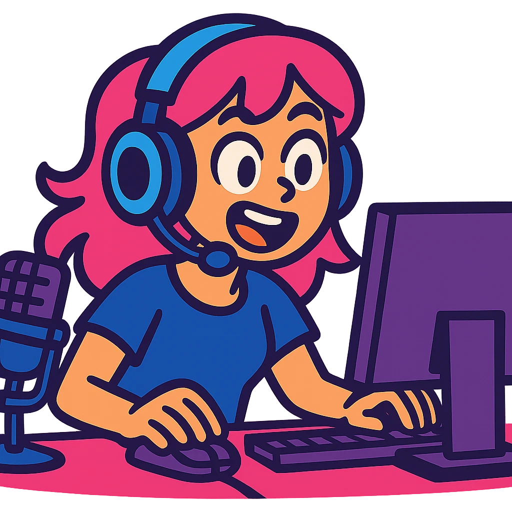 cute girl with pink hair, focused on a computer screen, streaming and gaming, vibrant and expressive emoji