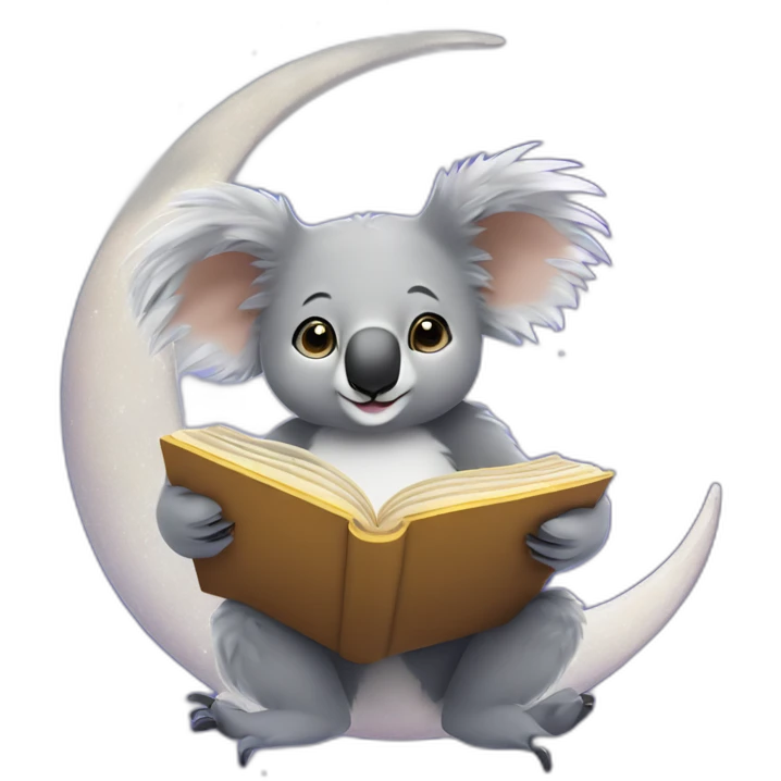 A koala perched on a crescent moon, reading a book with constellations glowing on the pages. emoji