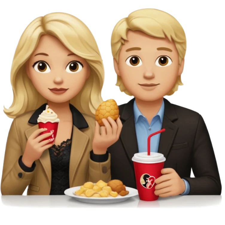 Love tan woman long wavy blonde hair and black lace  with short blonde man Brown shade jacket eating chick filet  emoji