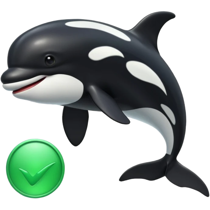 3d Cartoon orca with a green tick icon next to it emoji