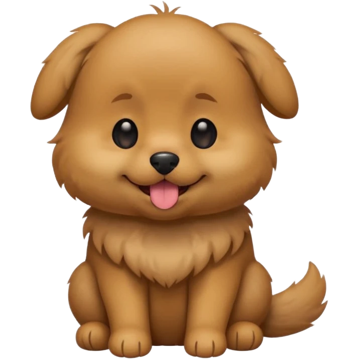 Cute small brown fluffy dog emoji icon. Round face, short muzzle, light brown fur with slightly darker ears, small black nose, happy smiling expression with tongue out. Soft friendly eyes, sitting pose with front paws together. Simple clean vector style, minimal details, kawaii style. emoji