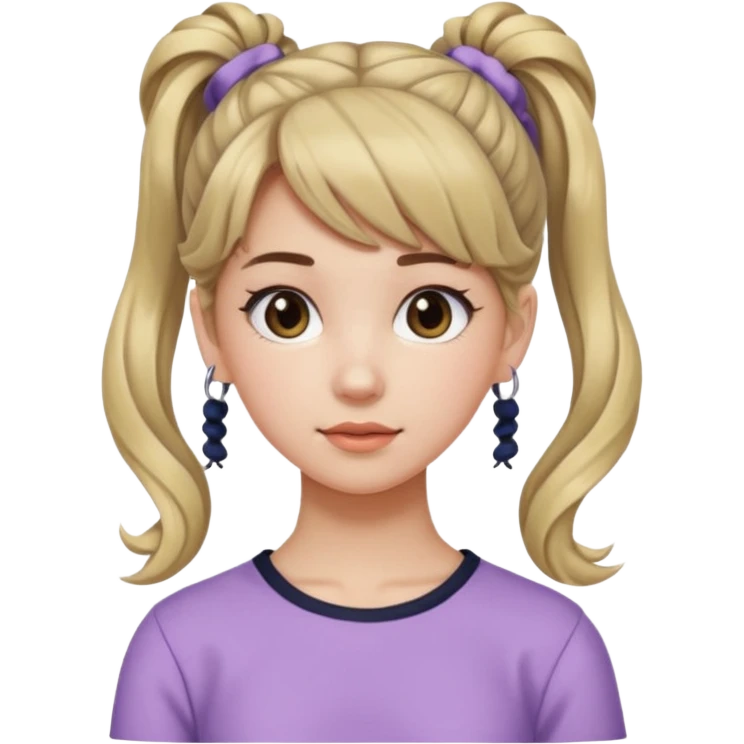 Teenage girl, wearing a cute and aesthetic outfit, with her hair tied up in a high ponytail, and with side bangs also front bangs, her hair wavy emoji