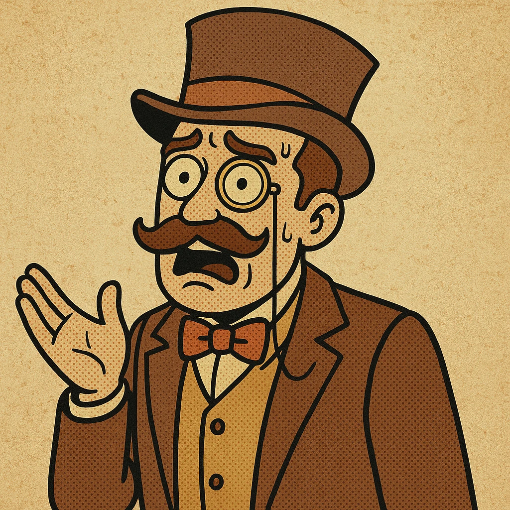 Make the character look like he is questioning something, with a puzzled expression and a questioning gesture, in the same old school comic book cartoon style. Keep the outfit and monocle. emoji