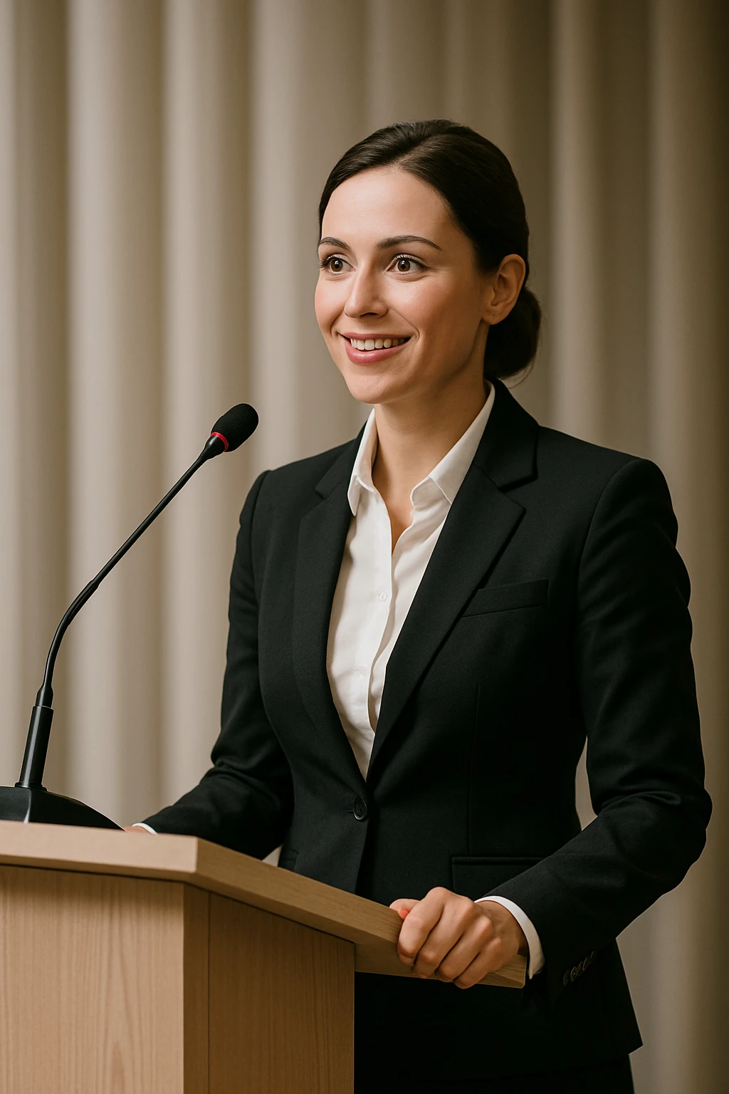 a female speaker at an event standing at a podium, professional, clear view of the podium and microphone, confident posture, business attire emoji