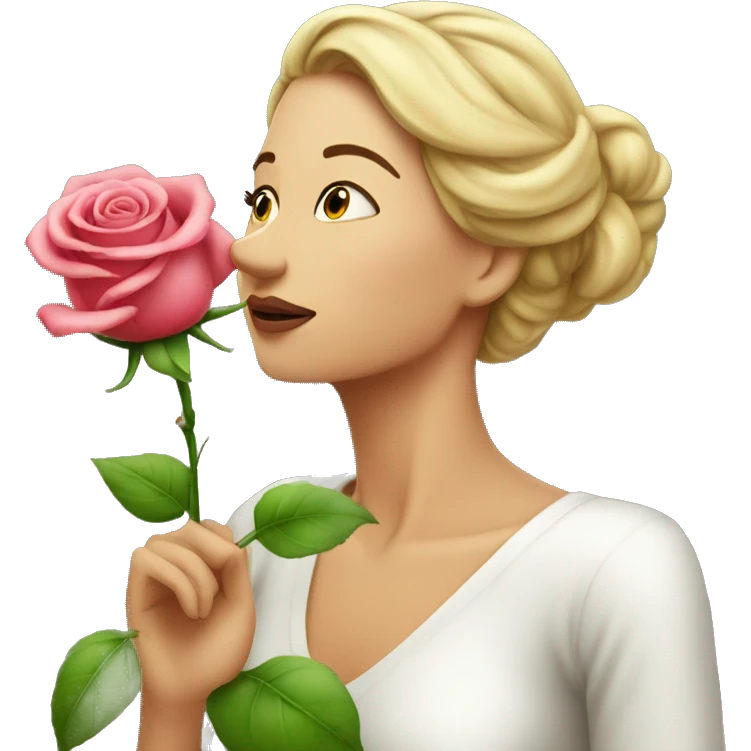 Beautiful woman, smelling one long STEM, rose emoji