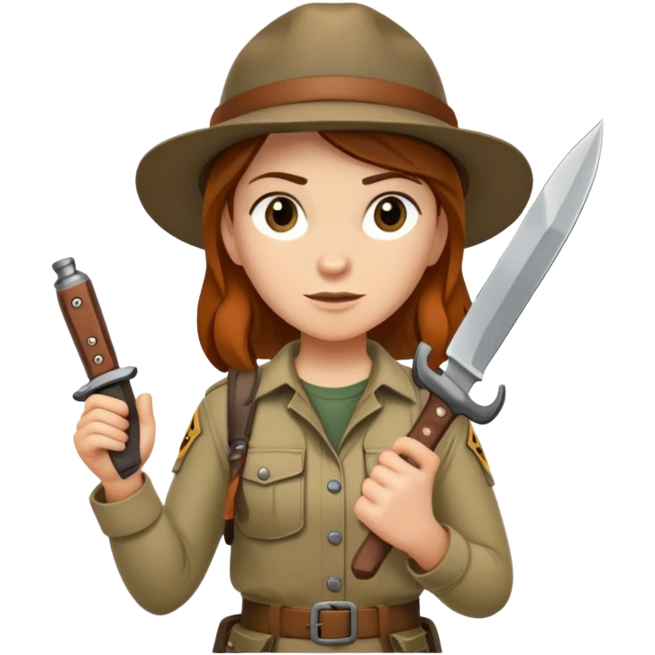 Female wilderness explorer Melissa Backwoods holding a survival knife emoji