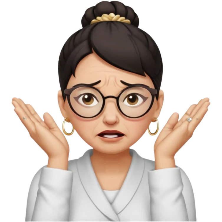  middle aged woman with dark hair pulled up in a high bun, wearing round ring earrings and glasses, expression extreme pain on her face, covering her ears with her hands very painful expression on her face, eyes squeezed shut, wincing in pain covering her ears with her hands emoji