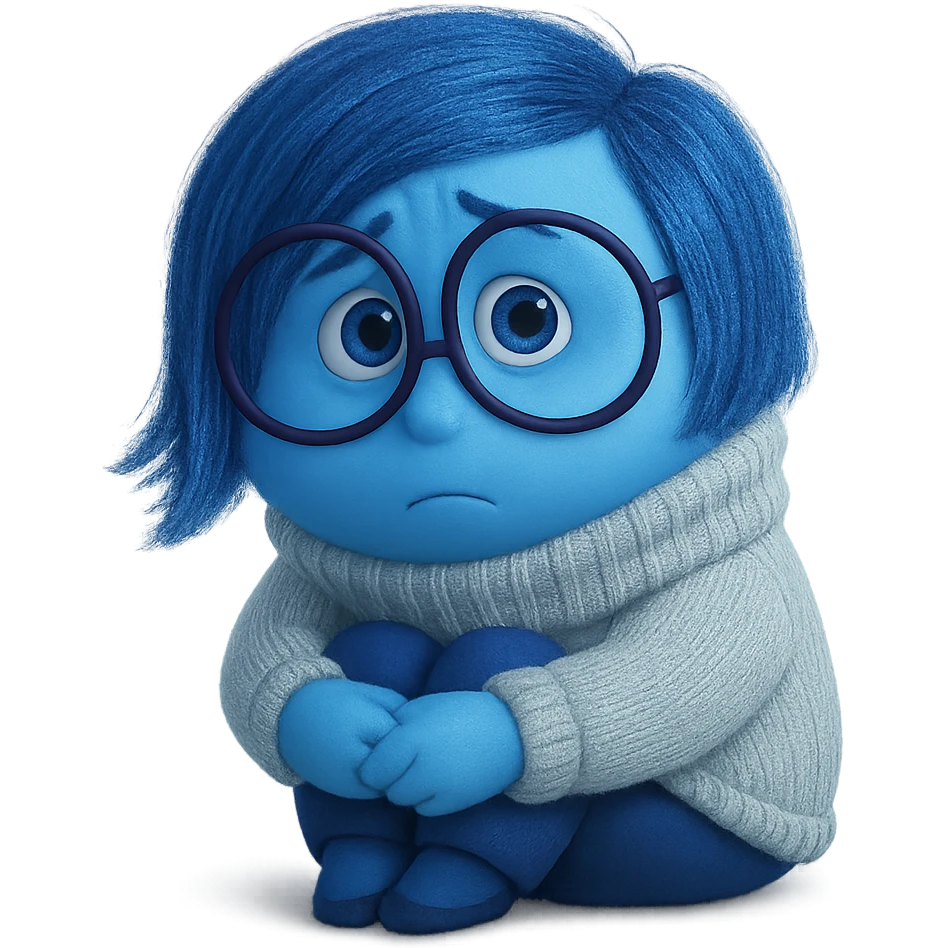 Sadness from Inside Out character, sitting with knees hugged, blue skin, short blue hair, glasses, Pixar style emoji