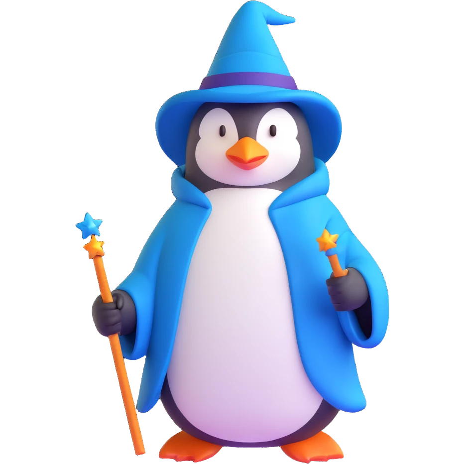 penguin wizard with a blue robe and magic wand emoji