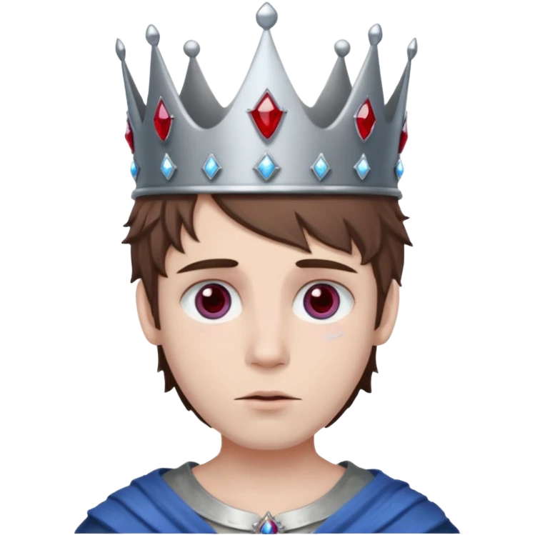 grey boy head with right eye blue and left eye red. he has messy brown hair and a silver crown with rubies on it emoji