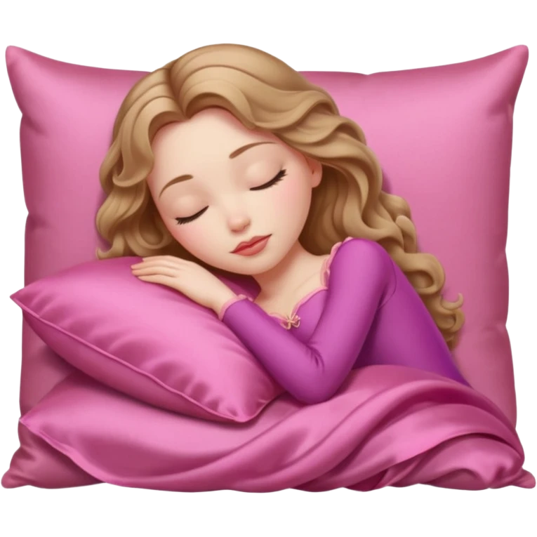 sleeping beauty girl with pale skin and light brown wavy hair with a pink silk pillow emoji