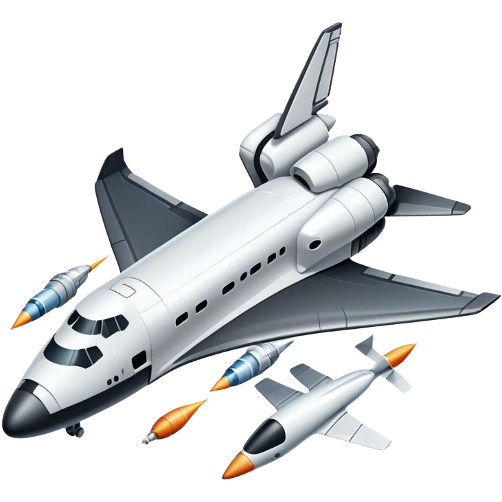 An icon featuring a space shuttle, a drone, and an airplane, symbolizing aerospace technology. The design includes rockets, flight paths, and satellites, representing space exploration and aviation. Transparent background highlights the cutting-edge technologies in air and space travel emoji