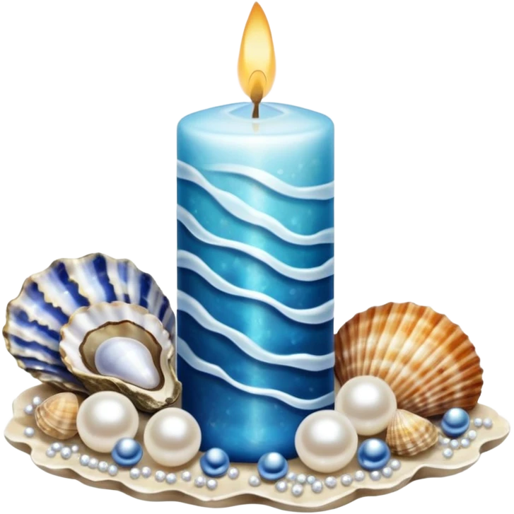 Ocean-themed candle with seashells, sea pearls, oysters, pearl necklaces, ocean waves patterns, blue, shiny pearl whites emoji